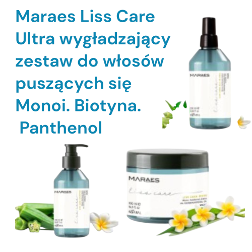 MARAES LISS CARE – Kuracja anti-frizz z Monoi, Biotyną i Pantenolem; wygładza, regeneruje i chroni włosy suche i puszące się; zestaw 3 produktów: szampon, maska, odżywka 10 w 1; formuła bez silikonów obciążających i PEG.