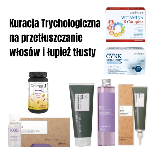 Zestaw Trychologiczny na Przetłuszczające Włosy: Kaaral K05 Peeling, 2 Szampony, Ampułki + dieta, badania i suplementy Vita Diet. Kompleksowa kuracja na łojotok i łupież tłusty.