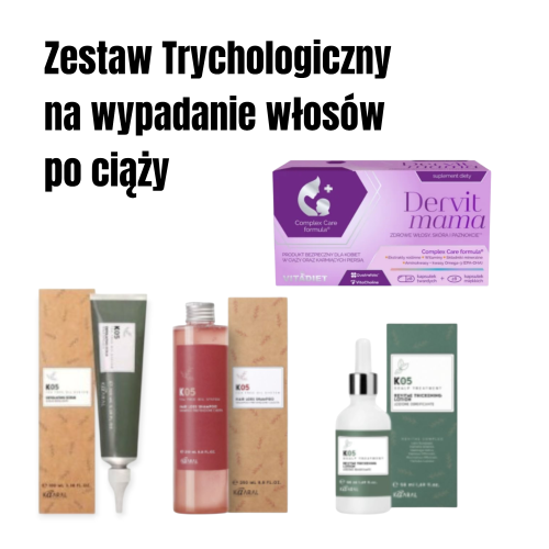 komletna kuracja na ciążowe wypadanie włosów. szampon peeling i serum k05 Kaaral oraz suplement Dervit Mama
