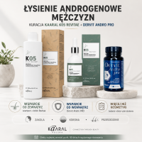  Łysienie Androgenowe Mężczyzn - intensywna kuracja. Zestaw: Dervit Andro PRO 90 szt. Serum Kaaral K05 Revitae 50 ml aktywujący cebulki włosów. Szampon Kaaral K05 Revitae na odrost, gęstość i wsparcie mieszków włosowych 250 ml. Darmowa dostawa.