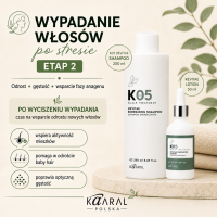 Wypadanie włosów po stresie –  Kuracja Etap 2. Zestaw: Kaaral K05 Revitae: | szampon 250 ml + lotion 50 ml + Porady trychologiczne. Odrost nowych włosów, baby hair, poprawa gęstości i wsparcie fazy anagenu. Darmowa dostawa.